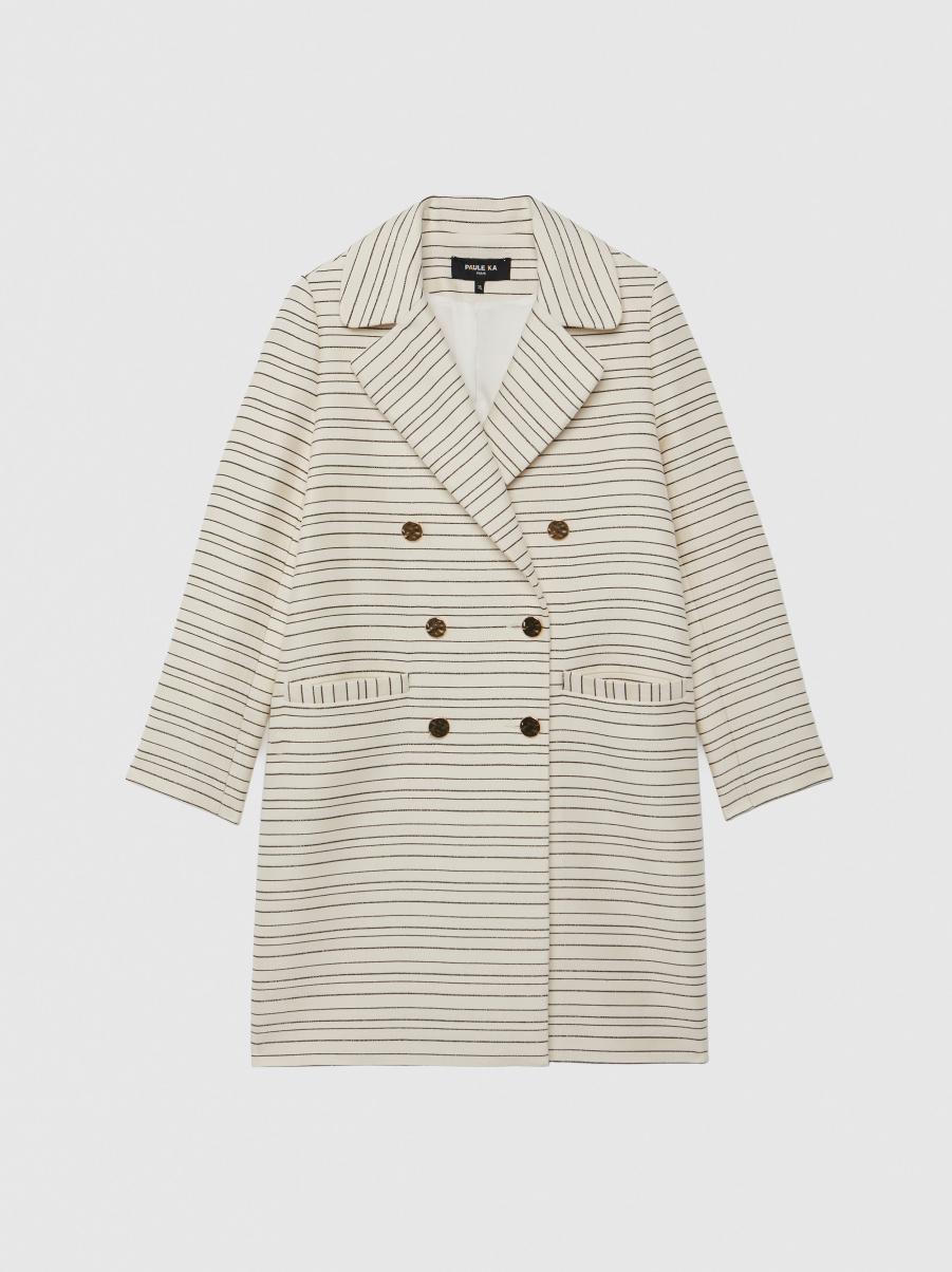Paule Ka Coats Women Pinstripe And Lurex Mid-Length Coat Blanc Casse / Marine - 4