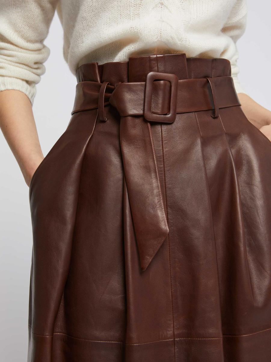 Long Belted Lambskin Leather Skirt Paule Ka Skirts Brown Women - 1