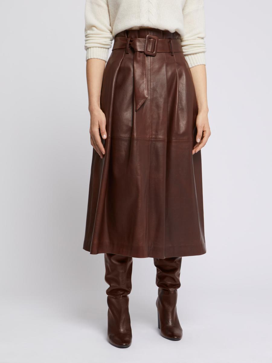 Long Belted Lambskin Leather Skirt Paule Ka Skirts Brown Women - 2