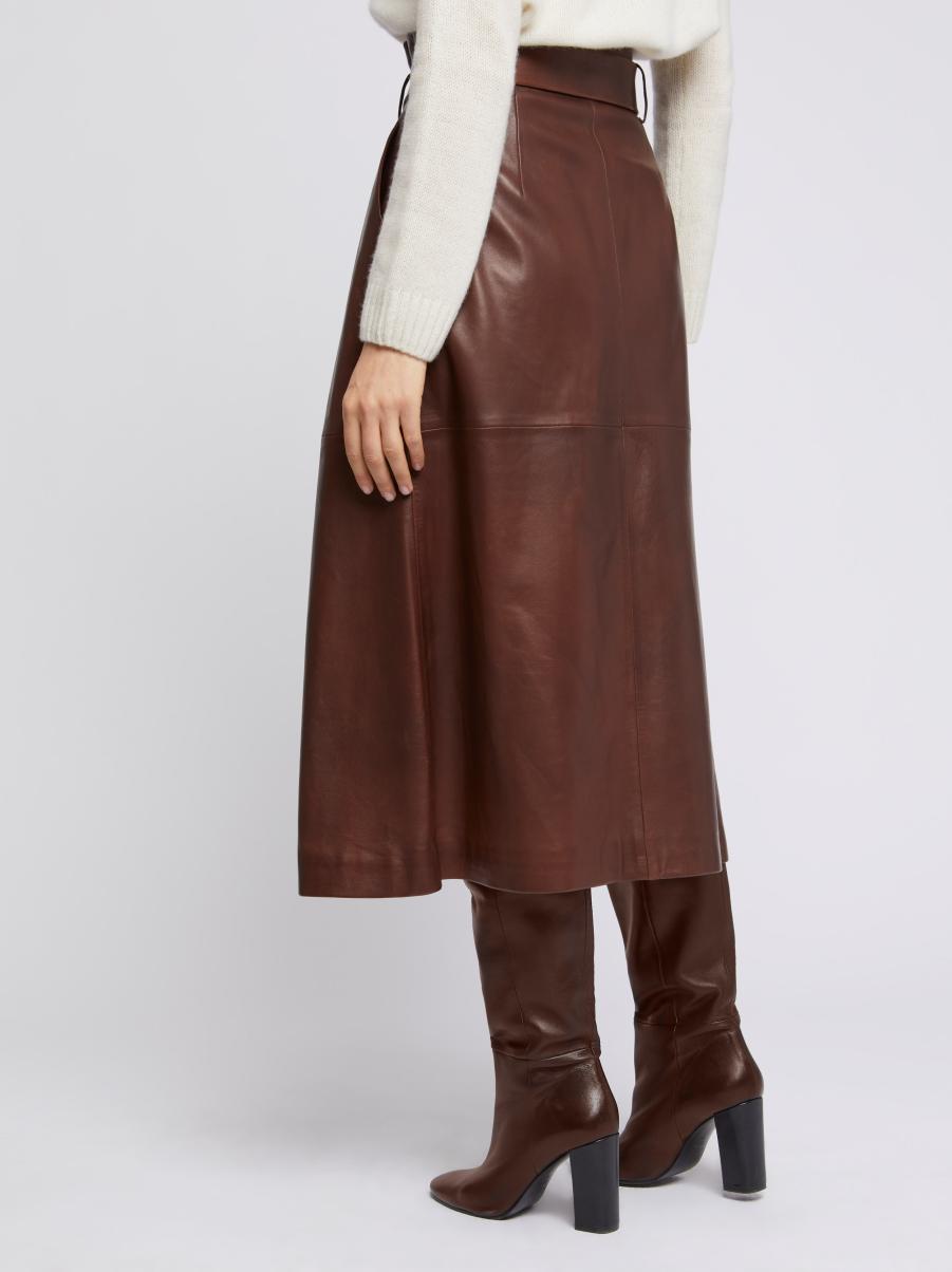 Long Belted Lambskin Leather Skirt Paule Ka Skirts Brown Women - 3