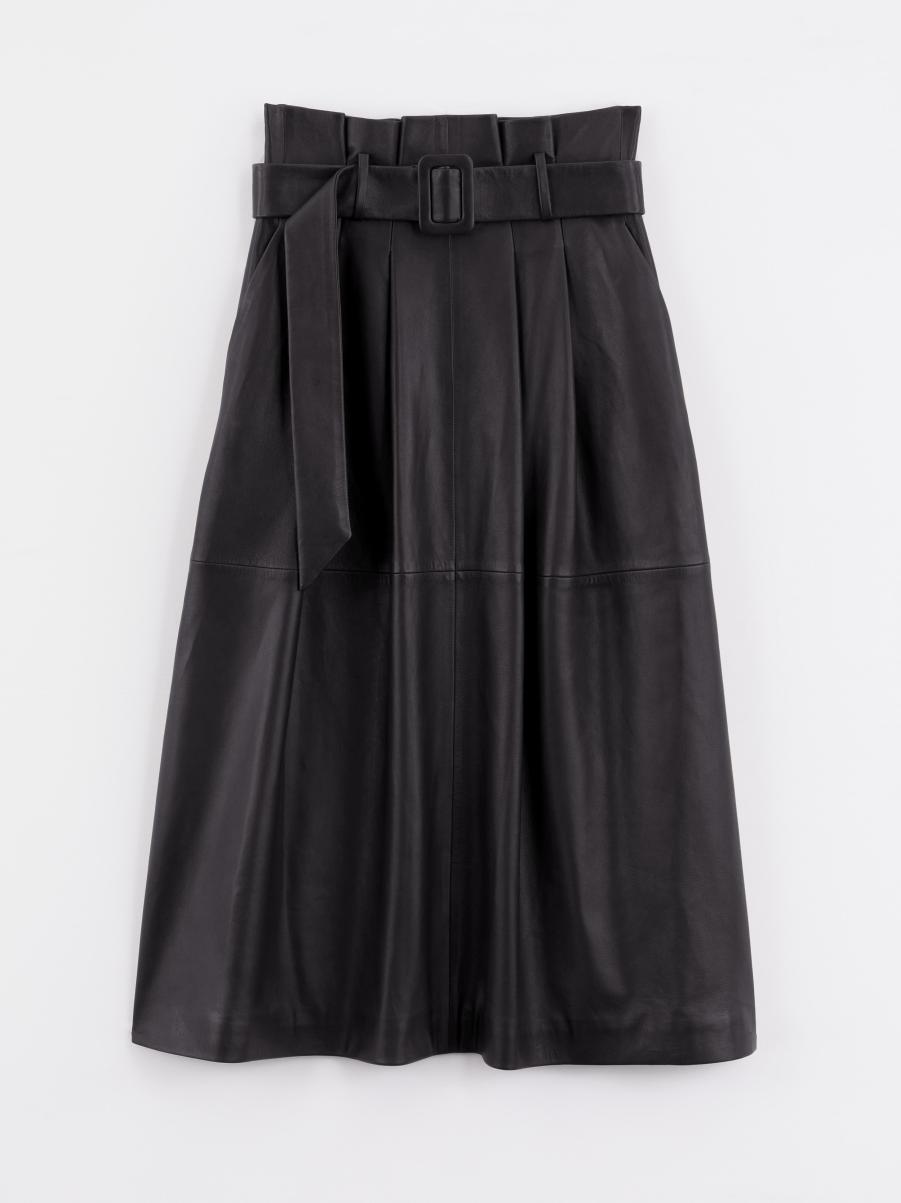 Long Belted Lambskin Leather Skirt Paule Ka Skirts Brown Women - 4