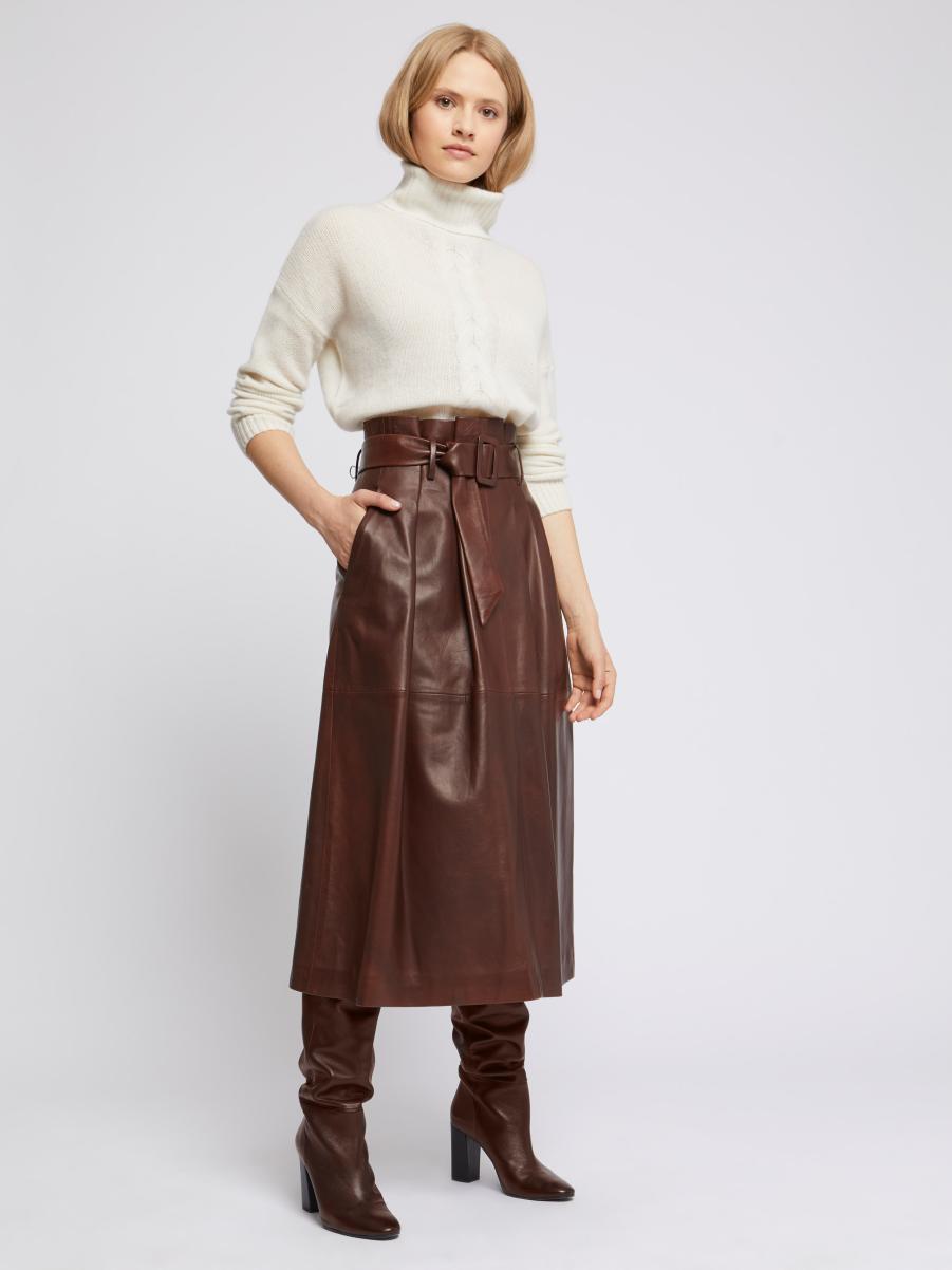 Long Belted Lambskin Leather Skirt Paule Ka Skirts Brown Women