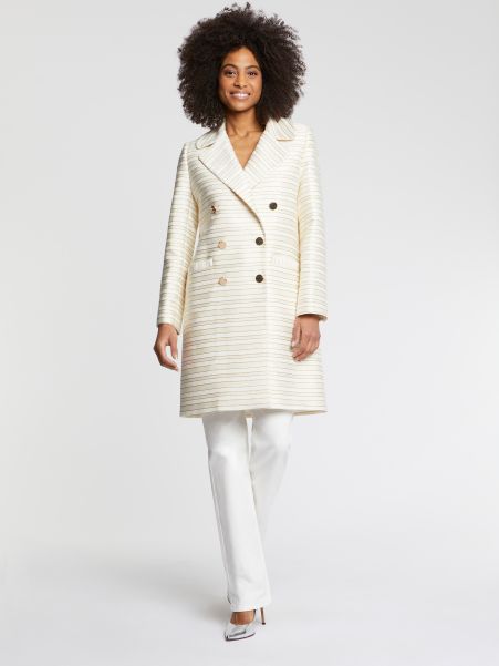 Paule Ka Women Off White / Gold Coats Pinstripe And Lurex Mid-Length Coat